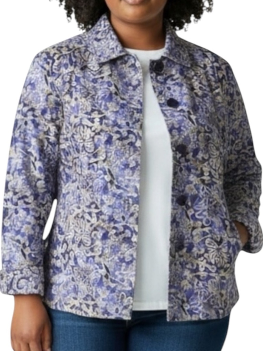 COLDWATER CREEK Floral Linen Blend Jacket in Purple/Cream Size PETITE Large